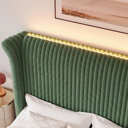 Keyluv Queen Bed Frame with 54” Tall Faux-Fur Wingback Headboard, Upholstered Platform Bed with LED Light, Mattress Foundation with Solid Wooden Slats Support, No Box Spring Needed, Noise-Free, Green