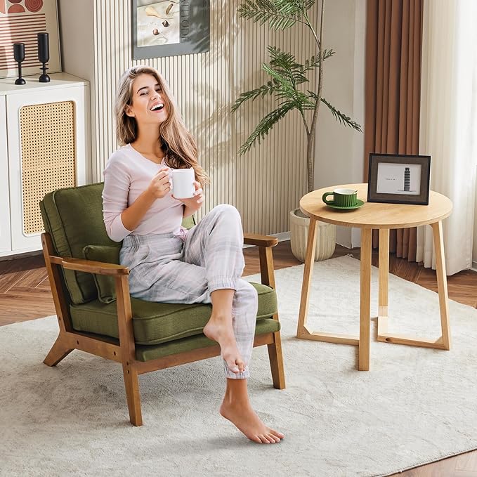 Karl home Mid-Century Lounge Accent Chair, Green | Wide Curved Armrest, Linen Fabric, Lumbar Pillow Included, Solid Wood Frame, For Living Room, Bedroom, Balcony, Apartment