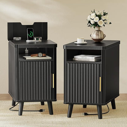 Huuger Narrow Nightstand with Charging Station, USB-C Port, Set of 2 Night Stand, Fluted End Table with Storage Cabinet, Back Rack, Side Table for Small Spaces, 13.4×23.6 Inch, Black