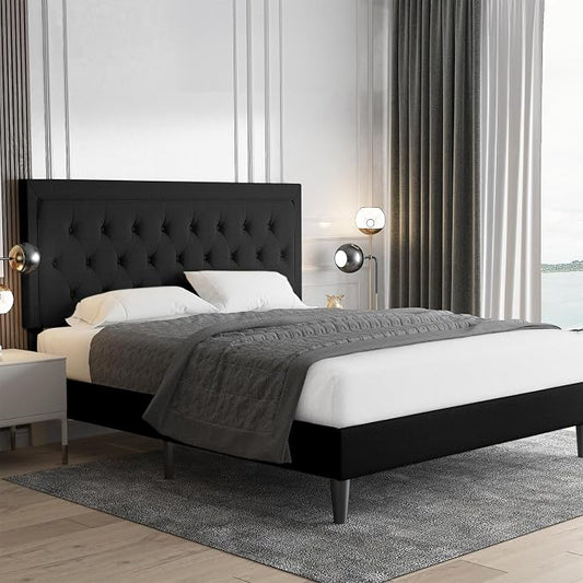 Allewie Full Size Upholstered Platform Bed Frame with Adjustable Headboard, Button Tufted, Wood Slat Support, Easy Assembly, Black