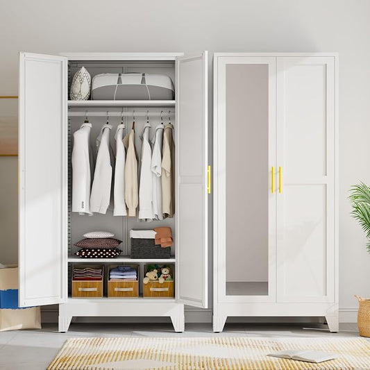Metal Wardrobe Storage Cabinet with Mirror and Hanging Rod,71'' Metal Clothing Cabinet with 2 Doors and 2 Adjustable Shelves for Bedroom, Laundry Room, Cloak Room (White)
