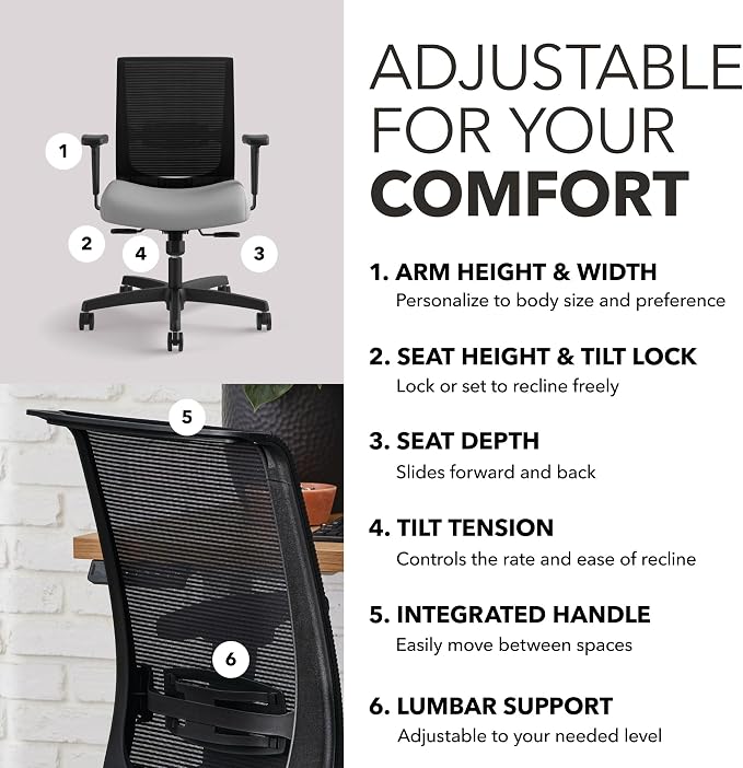 HON Convergence Ergonomic Office Chair with Mesh Back, Adjustable Arms, Lumbar Support, Synchro‑Tilt Desk Chair with Wheels for Home Office or Computer Use, Black Frame, Frost