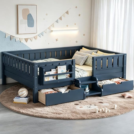 Bellemave Full Size Bed Frame with Storage Drawers & Bookshelf, Low Profile Kids Bed with Staircase & Full Length Guardrails, Solid Wood Full Size Bed Frame Kids with Slats Load 550 LBS, Blue