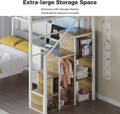 Kikihouse Twin Over Twin Loft Bunk Bed with Desk, Stairs, Drawers & Storage Shelves, L-Shaped Metal Bunk Bed with Charging Station & LED Light for Kids, Teens, Adults (Twin Over Twin)