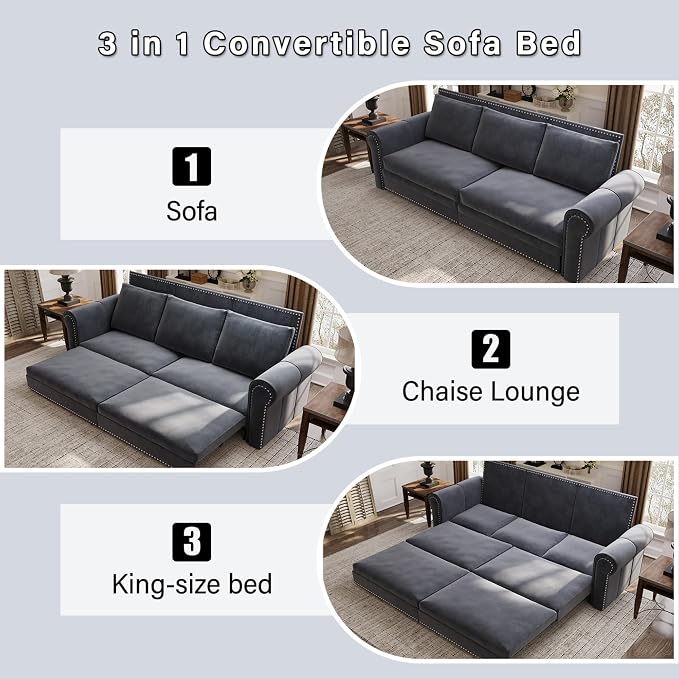 93.7" King Size Sleeper Sofa Bed, Pull Out Sofa Bed, Velvet Upholstery, 3 in 1 Convertible Sleeper Couch, Chaise Lounge, Retro Recliner for Living Room, Office, Apartment, Grey