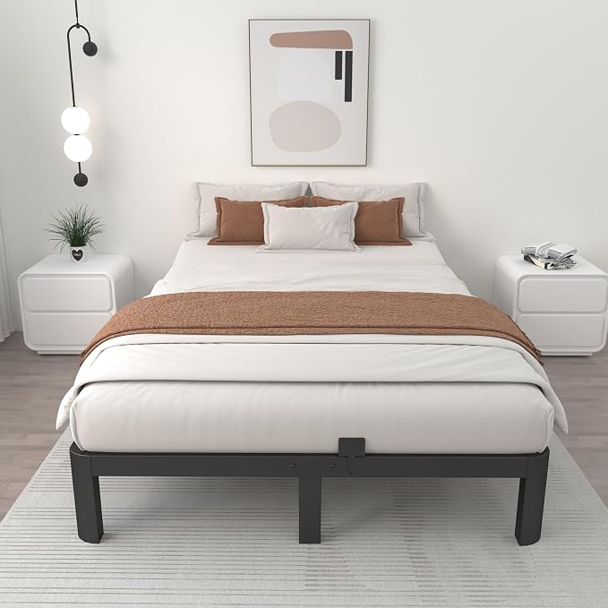 ITIMIDI 10 Inch Full Bed Frames, Platform Bed with Metal Gaskets, No Box Spring Needed, Heavy Duty Steel Slat Support, Anti-Slip Mattress Stopper, Round Corner Leg, Easy Assembly, Black