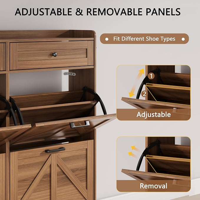 Shoe Cabinet with 4 Flip Drawers & 2 Top Drawers, 43" Tall Freestanding Narrow Wooden Shoe Storage Organizer for Entryway, Hidden Slim Shoe Rack for Front Door Entrance, Hallway, Living Room, Walnut