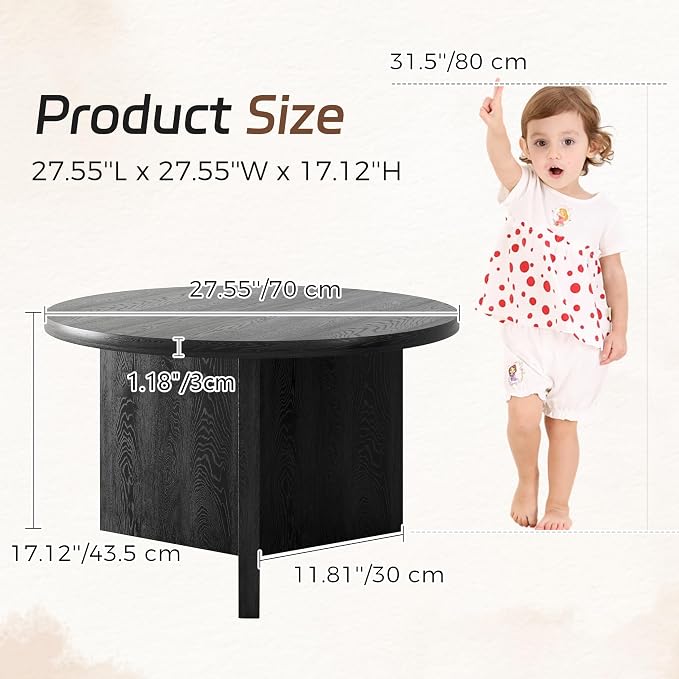 Luoxiao Round Coffee Table, 27.5" Modern Black Living Room Center Tables | Space-saving, Triangle Base w/ Anti Slip Feet for Stability, Circular Accent Table for Small Spaces, Apartment, Easy Assembly