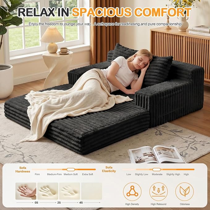 Erament Boneless Loveseat Convertible Sofa Bed, Folding Floor Futon Sleeper Sofa Couch Bed- Boneless Foldable Couch, Furry Pull Out Sofa Bed with 2 Pillows for Living Room & Bedroom