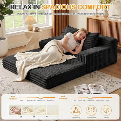 Erament Boneless Loveseat Convertible Sofa Bed, Folding Floor Futon Sleeper Sofa Couch Bed- Boneless Foldable Couch, Furry Pull Out Sofa Bed with 2 Pillows for Living Room & Bedroom