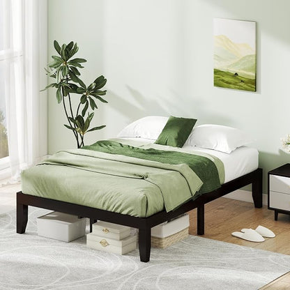 KOMFOTT 14 Inches Wood Platform Bed Frame Full Size, Wooden Mattress Foundation with Rubber Wood Frame, Strong Wooden Slat Support, No Box Spring Needed, Bed Frame (Dark Brown)