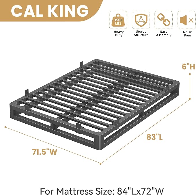 6 Inch California King Bed Frames with Rounded Corner and Squeak Free U-Slot Design, Metal Platform Bed Frames 6 Non-Slip Guards, 3500lbs Heavy Duty Steel Slat Support, No Box Spring Needed