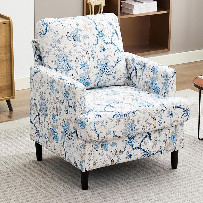 Weture Mid-Century Accent Chair,Modern Linen Fabric Armchair for Living Room,Comfy Upholstered Reading Accent Chairs for Bedroom,Single Sofa Chair with Wood Legs (Blue Flowered Bird, 1 Pack)