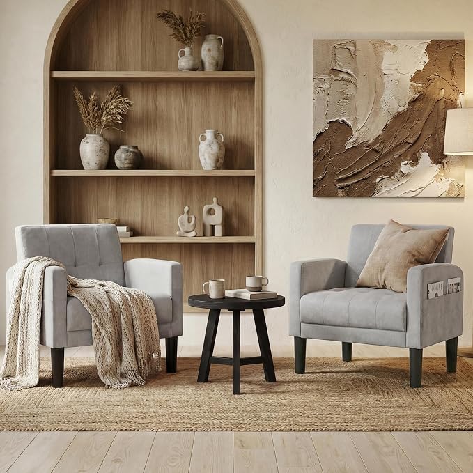 TYBOATLE Accent Chair Sets of 2 Living Room Chairs Cozy Tufted Mid Century Modern Chairs with Arms for Bedroom Comfy Reading Arm Chair Small Chairs for Small Spaces Living Room Office (2, Light Grey)