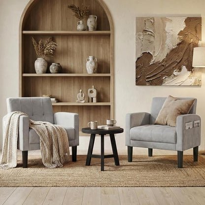 TYBOATLE Accent Chair Sets of 2 Living Room Chairs Cozy Tufted Mid Century Modern Chairs with Arms for Bedroom Comfy Reading Arm Chair Small Chairs for Small Spaces Living Room Office (2, Light Grey)