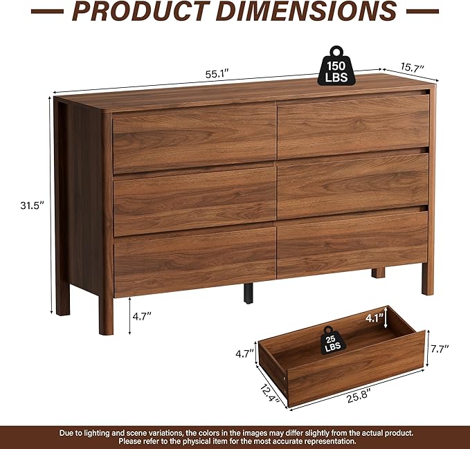 Furniway 55" Mid-Century Modern Dresser for Bedroom, 6 Drawer Wide Chest of Drawers with Wood Legs, Large Storage Bedroom Dresser, Walnut