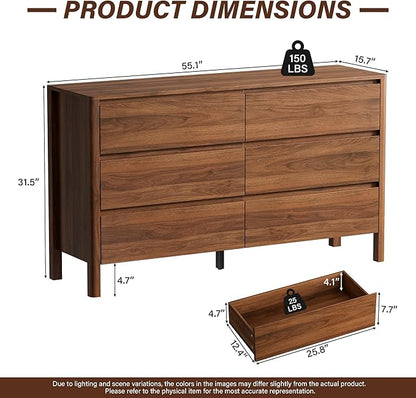 Furniway 55" Mid-Century Modern Dresser for Bedroom, 6 Drawer Wide Chest of Drawers with Wood Legs, Large Storage Bedroom Dresser, Walnut