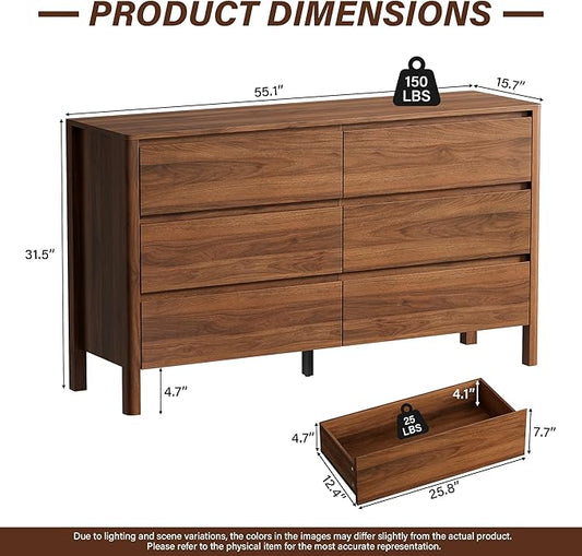 Furniway 55" Mid-Century Modern Dresser for Bedroom, 6 Drawer Wide Chest of Drawers with Wood Legs, Large Storage Bedroom Dresser, Walnut