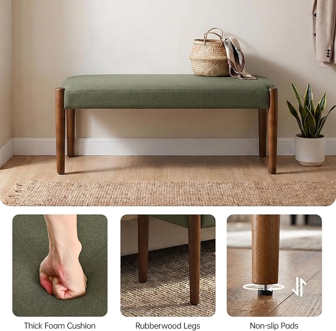 Usaint 42" End of Bed Bench, Modern Upholstered Bedroom Bench with Rubberwood Legs, Entryway Bench with Cushion, Dining Bench for Living Room, Bedroom, Dark Green with Walnut Leg