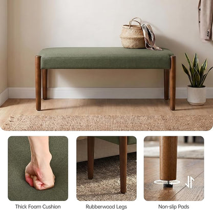 Usaint 42" End of Bed Bench, Modern Upholstered Bedroom Bench with Rubberwood Legs, Entryway Bench with Cushion, Dining Bench for Living Room, Bedroom, Dark Green with Walnut Leg
