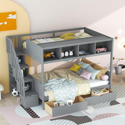 MERITLINE Twin Over Full Bunk Bed with Stairs, Storage Shelves and Drawers, Solid Wood Bunk Bed Frame with Storage, for Teens Adults (Grey)