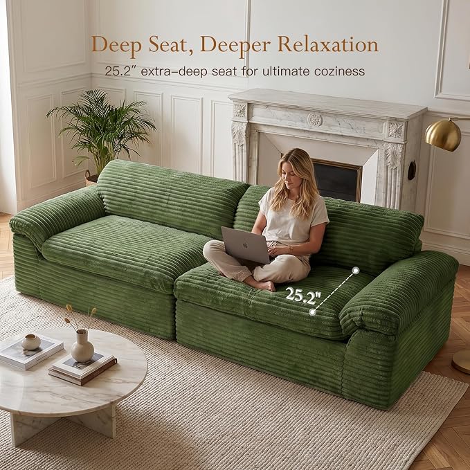 Vesgantti 118" Boneless Couches for Living Room, Modular Sectional Couch in Corduory | Memory Foam | No Assembly Required, Deep Seat Cloud Sofa for Apartment, Office (Dark Green)