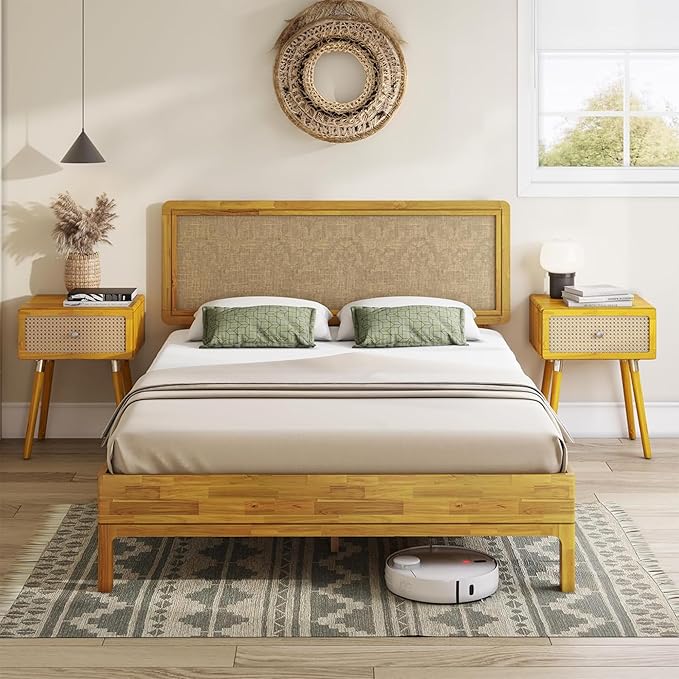Bme Nipe 14 Inch Bohemian Bed Frame with Adjustable Woven Headboard - Rustic & Vintage Unique Style with Acacia Wood - No Box Spring Needed - Easy Assembly - Full, Natural