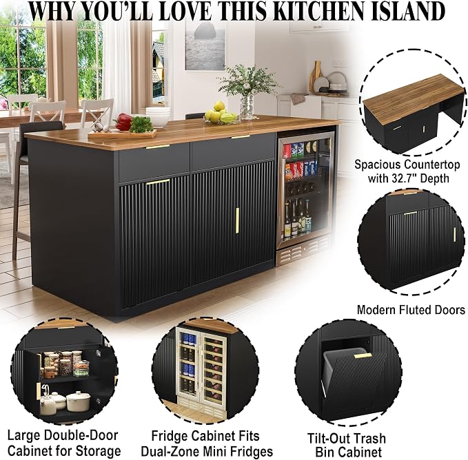 GDLF 75.6" W Large Kitchen Island with Storage and Fridge Space, Modern Kitchen Bar Island Table with Drawers and Trash Bin Space