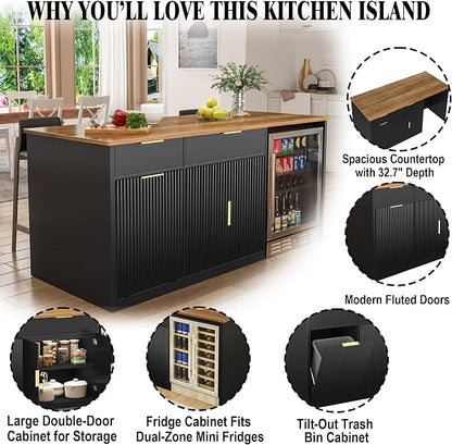 GDLF 75.6" W Large Kitchen Island with Storage and Fridge Space, Modern Kitchen Bar Island Table with Drawers and Trash Bin Space