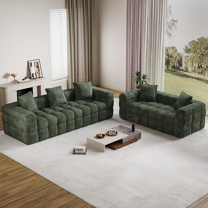 DAMAIFROM Chenille Cloud Sofa Couch Set with 5 Soft Pillows,Comfy Upholstered Chenille LoveSeat Sofa Set,Modern Deep Seat Sherpa Cloud Couch, Oversized Love Seat for Living Room,Olive Green