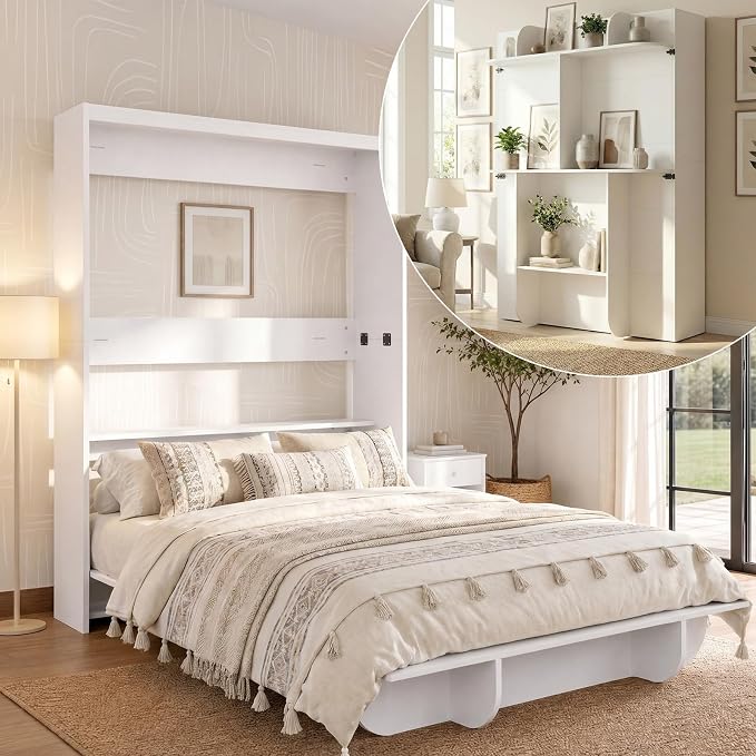 Mjkone Queen Size Wall Murphy Bed with Storage Shelf, Queen Wall Beds Cabinet Murphy Beds with Bookshelf, Top Cabinet Bedframe, Space-Saving Cabinets Beds for Bedroom/Guest Room/Studio/Office - White