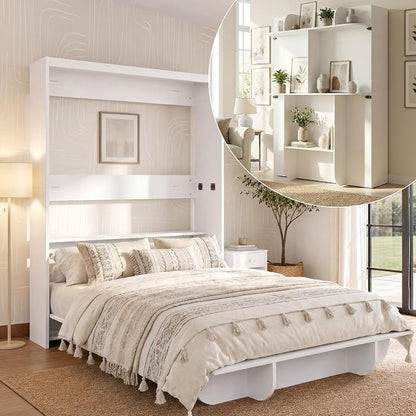 Mjkone Queen Size Wall Murphy Bed with Storage Shelf, Queen Wall Beds Cabinet Murphy Beds with Bookshelf, Top Cabinet Bedframe, Space-Saving Cabinets Beds for Bedroom/Guest Room/Studio/Office - White