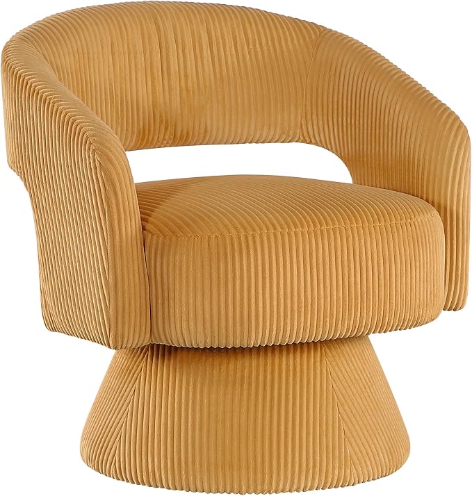 Lexicon 360 Degree Swivel Accent Chair, Modern Comfy Corduroy Round Barrel Chair, Open Back, Plush Foam Cushions, Metal Swivel Base for Living Room/Bedroom/Office/Small Spaces, Yellow