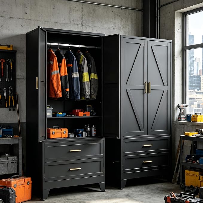 71" H Black Armoire Wardrobe Closet with Drawers,Metal Wardrobe Closet with Doors and Shelves,Tall Wardrobe Closet for Bedroom