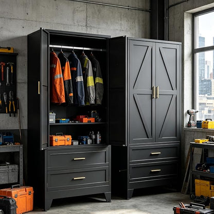 71" H Black Armoire Wardrobe Closet with Drawers,Metal Wardrobe Closet with Doors and Shelves,Tall Wardrobe Closet for Bedroom