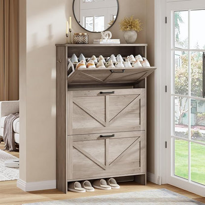 Nicetree Ultra Slim Shoe Cabinet – Shaker Barn Door & 3 Flip Drawers, Farmhouse Gray Finish – Freestanding Shoe Rack with 3-Tier Adjustable Shelves – Perfect for Narrow Entryways, Hallways, and Foyers