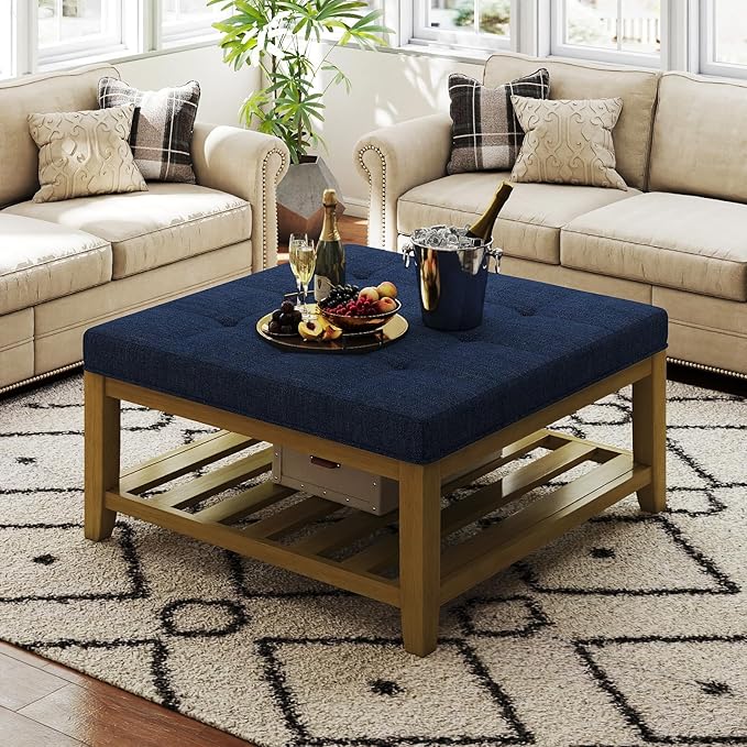 Befurtori Large Square Ottoman Coffee Table, Linen Solid Upholstered Footrest Ottoman with Solid Wood Shelf Storage Tufted Coffee Table for Bedroom Living Room, Navy Blue