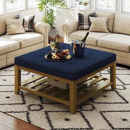 Befurtori Large Square Ottoman Coffee Table, Linen Solid Upholstered Footrest Ottoman with Solid Wood Shelf Storage Tufted Coffee Table for Bedroom Living Room, Navy Blue