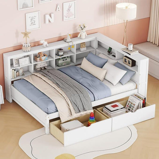 Bellemave Full Corner Bed Frame, Wood Full Size Daybed with L-Shaped Bookcase and 2 Drawers，Daybed with Storage Cabinets, White