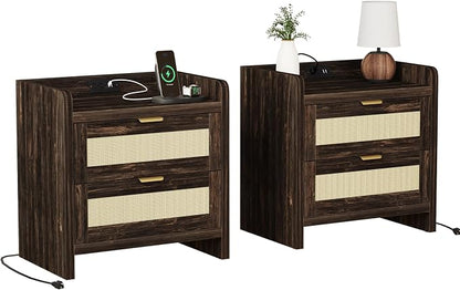 Luoxiao Nightstand Set of 2 with Charging Station - 4 Outlets & 4 USB Ports, Rattan Drawers Side Table, Boho Wood Bedside Tables End Table for Bedroom, Small Space, Easy Assembly (15.4"x23.6"x21.5")