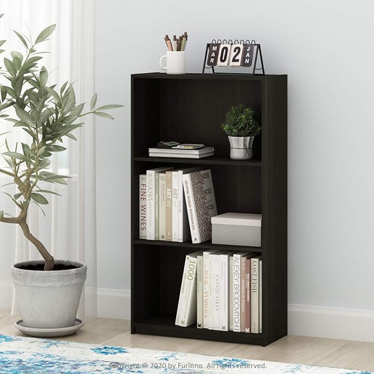 Furinno BASIC Book Shelf, 3-Tier Bookshelf with Open Shelves, Standing Bookcase, 9.3" x 21.8" x 39.5", for Organization and Storage, for Living Room, Bedroom, Home Office, Espresso