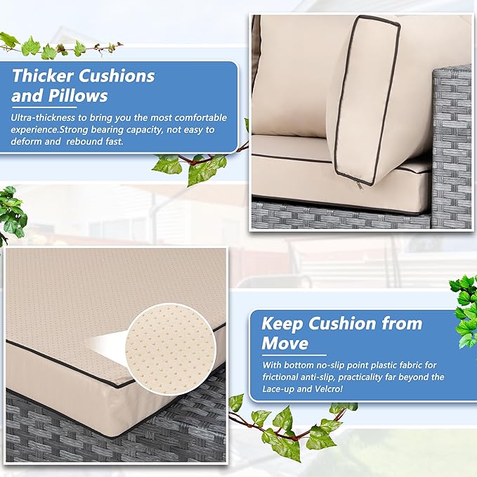Shintenchi 7 Pieces Outdoor Patio Furniture Sets, Patio Sectional Sofa Couch, Gray PE Wicker Furniture Modular Patio Conversation Sets Patio Sofa with Washable Cushions, Gray/Khaki