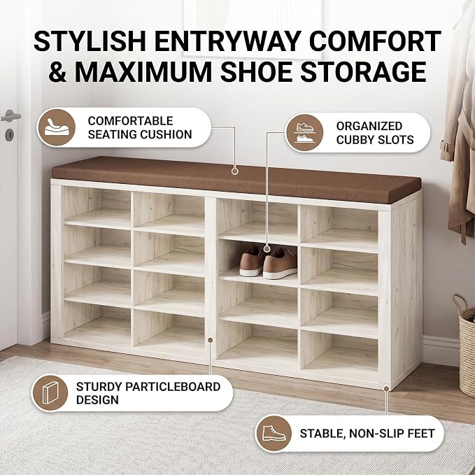 Shoe Rack Bench, Shoe Storage Bench with Cushion, Shoe Organizer 16 Cubbies for Entryway Hallway Bedroom Living Room, Holds Up to 400lbs
