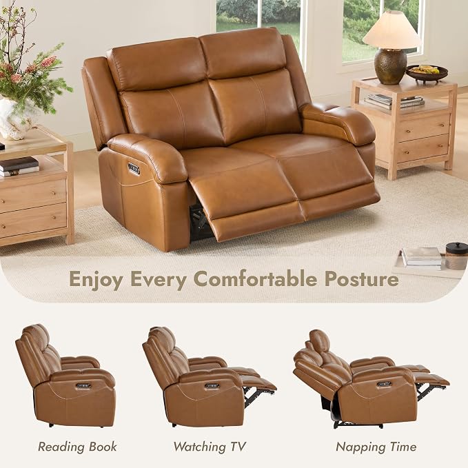 Watson & Whitely Genuine Leather Power Loveseat Recliner Sofa, 2 Seat Wall Hugger Reclining Sofa with Power Headrest & Charging Ports, Dual Recliner Sofas for Living Room, RV, Saddle Brown