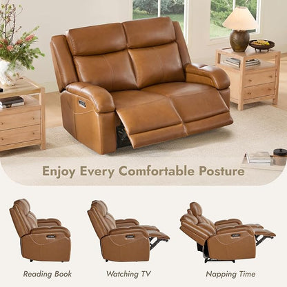 Watson & Whitely Genuine Leather Power Loveseat Recliner Sofa, 2 Seat Wall Hugger Reclining Sofa with Power Headrest & Charging Ports, Dual Recliner Sofas for Living Room, RV, Saddle Brown