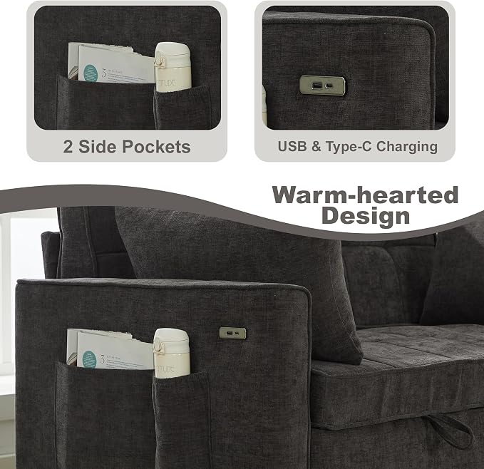 Tbfit 57" Convertible Sofa Bed, Chenille Futon Sleeper Sofa Couch with Pullout Bed, USB & Adjustable Backrest, Full Size Pull Out Loveseat Couches for Living Room, Apartment, Office, Dorm, Dark Grey