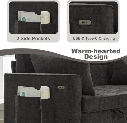 Tbfit 57" Convertible Sofa Bed, Chenille Futon Sleeper Sofa Couch with Pullout Bed, USB & Adjustable Backrest, Full Size Pull Out Loveseat Couches for Living Room, Apartment, Office, Dorm, Dark Grey