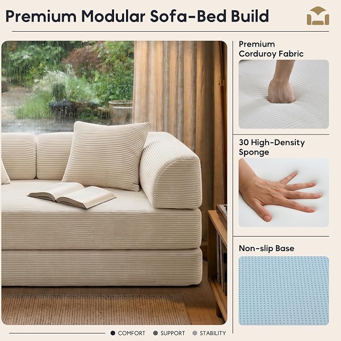 59“ Convertible Floor Sofa Bed, 5-in-1 Futon Sofa Bed Modular Sleeper Couch, Corduroy Pull Out Loveseat with Curved Armrest, Boneless Couches for Living Room, No Assembly Required, Beige White