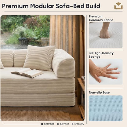 59“ Convertible Floor Sofa Bed, 5-in-1 Futon Sofa Bed Modular Sleeper Couch, Corduroy Pull Out Loveseat with Curved Armrest, Boneless Couches for Living Room, No Assembly Required, Beige White