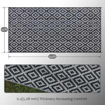 SAND MINE Waterproof Outdoor Rug 10x20 ft, Plastic Reversible Rug, Modern Area Rug, Large Floor Mat for Outdoors, RV, Patio, Backyard, Deck, Picnic, Beach, Camping, Black & Grey
